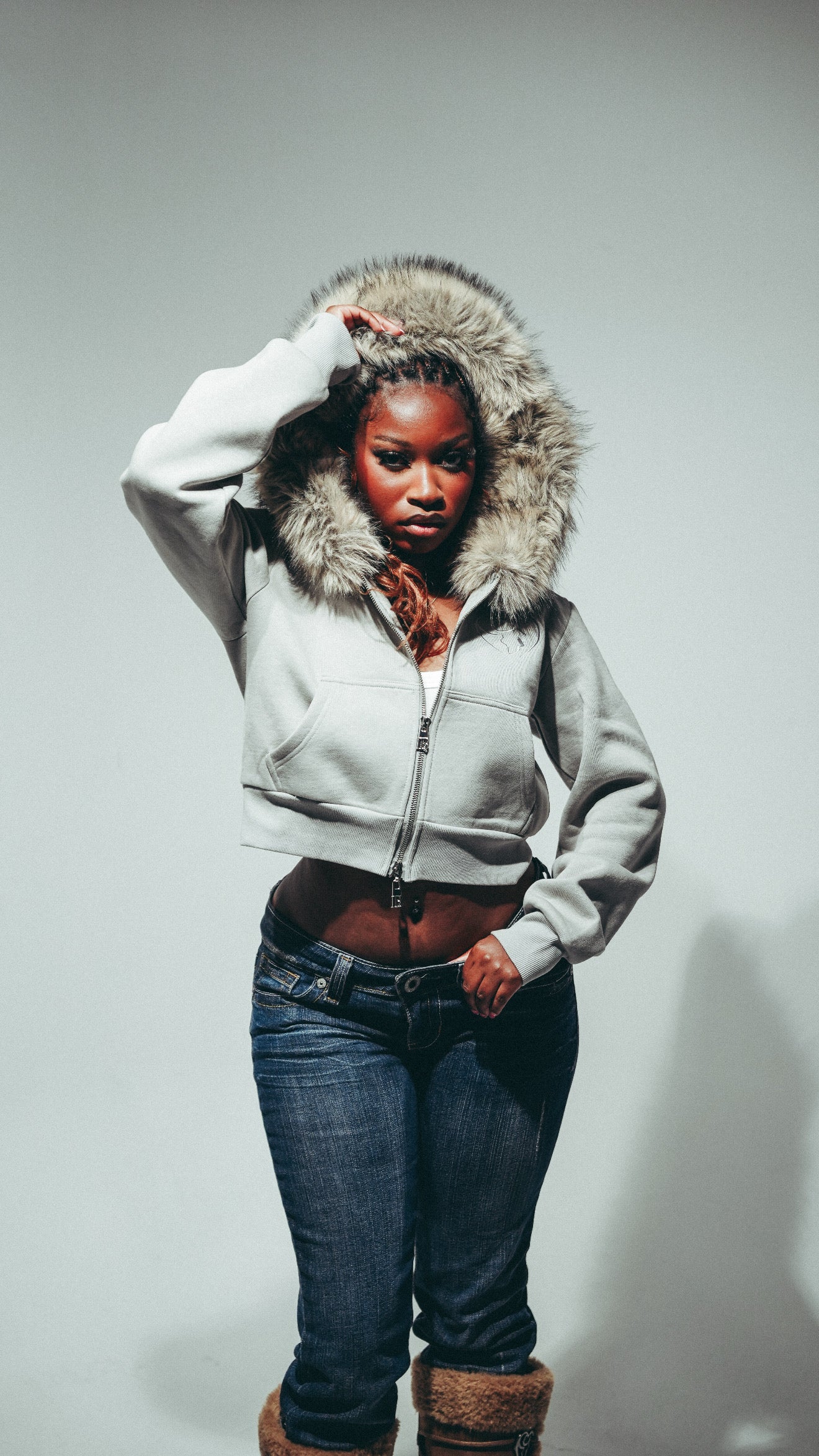 Women’s Cropped Faux Fur zip up Hoodie Grey
