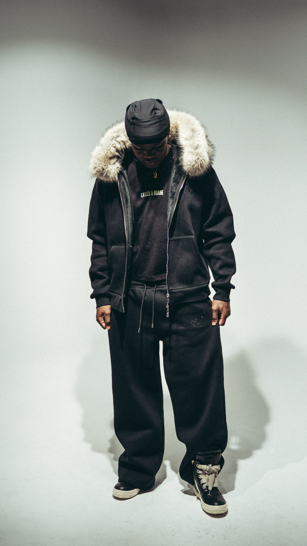 Black Cotton Fleece Straight-Leg Pants