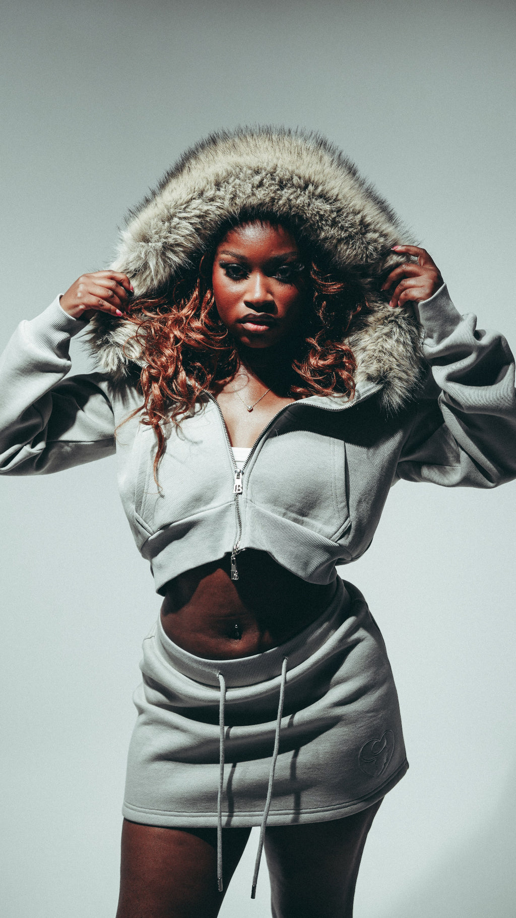 Women’s Cropped Faux Fur zip up Hoodie Grey