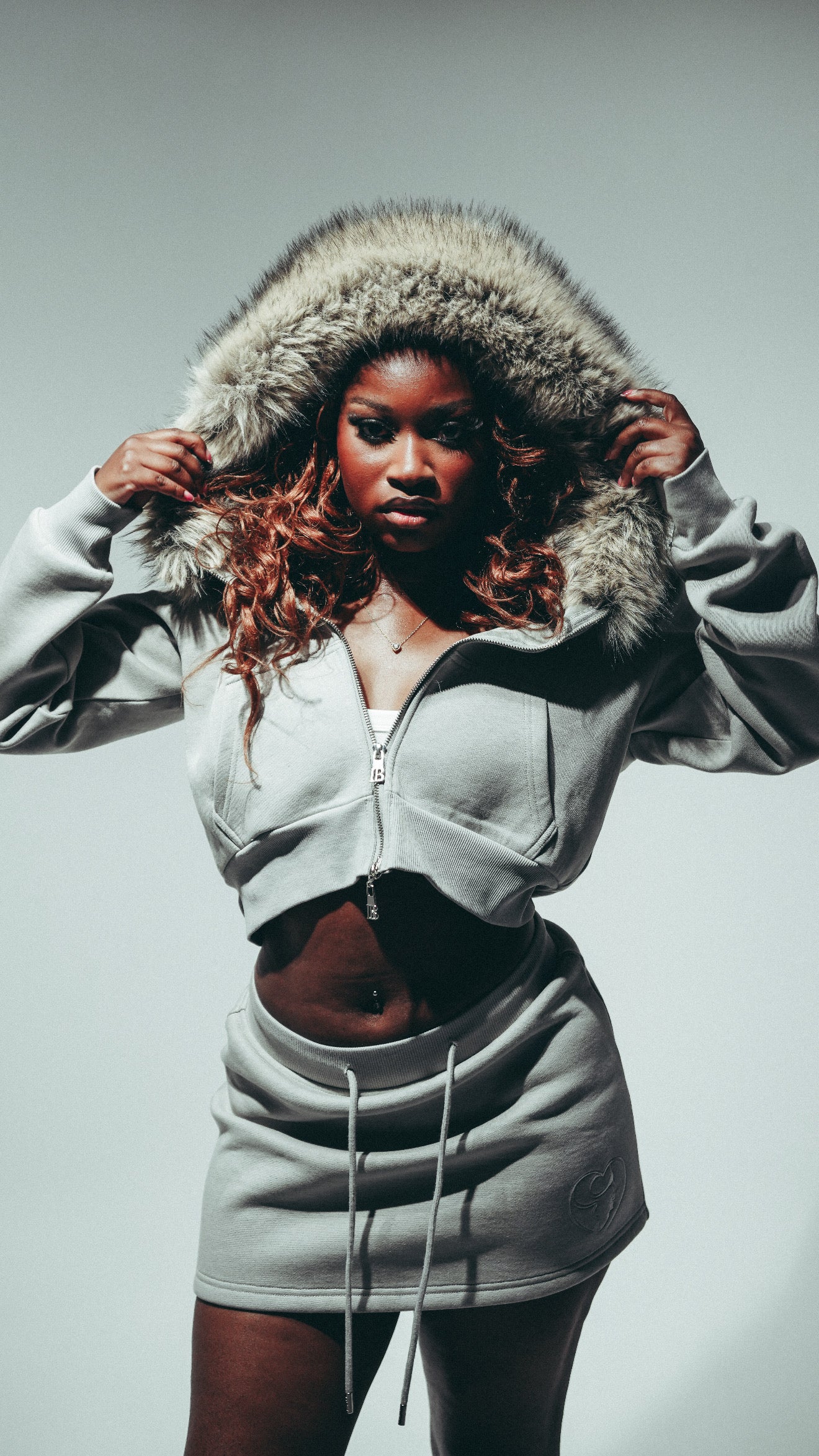 Women’s Cropped Faux Fur zip up Hoodie Grey