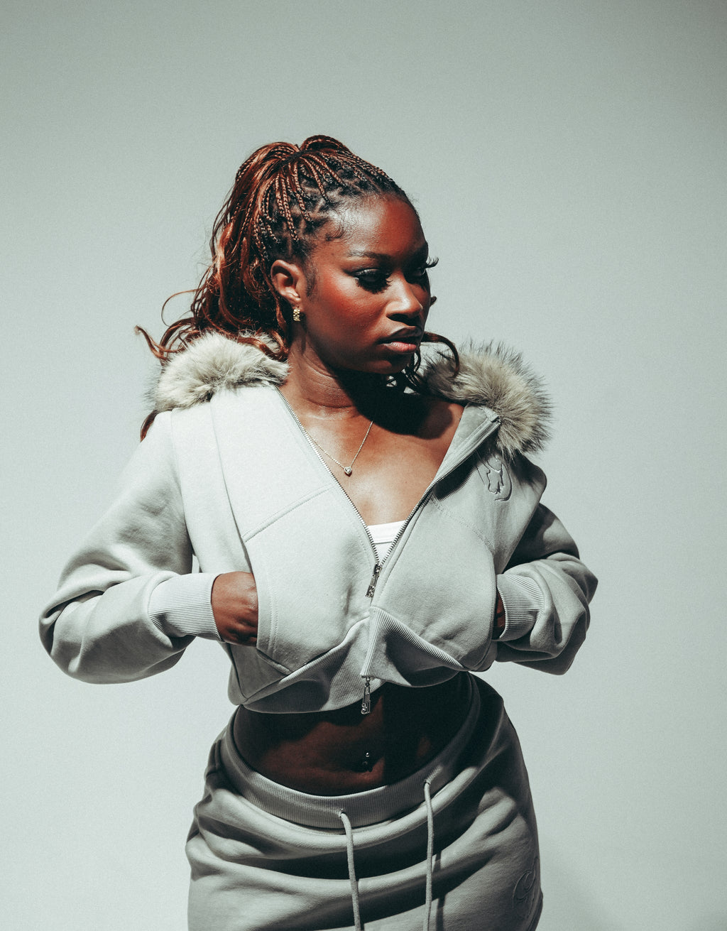 Women’s Cropped Faux Fur zip up Hoodie Grey