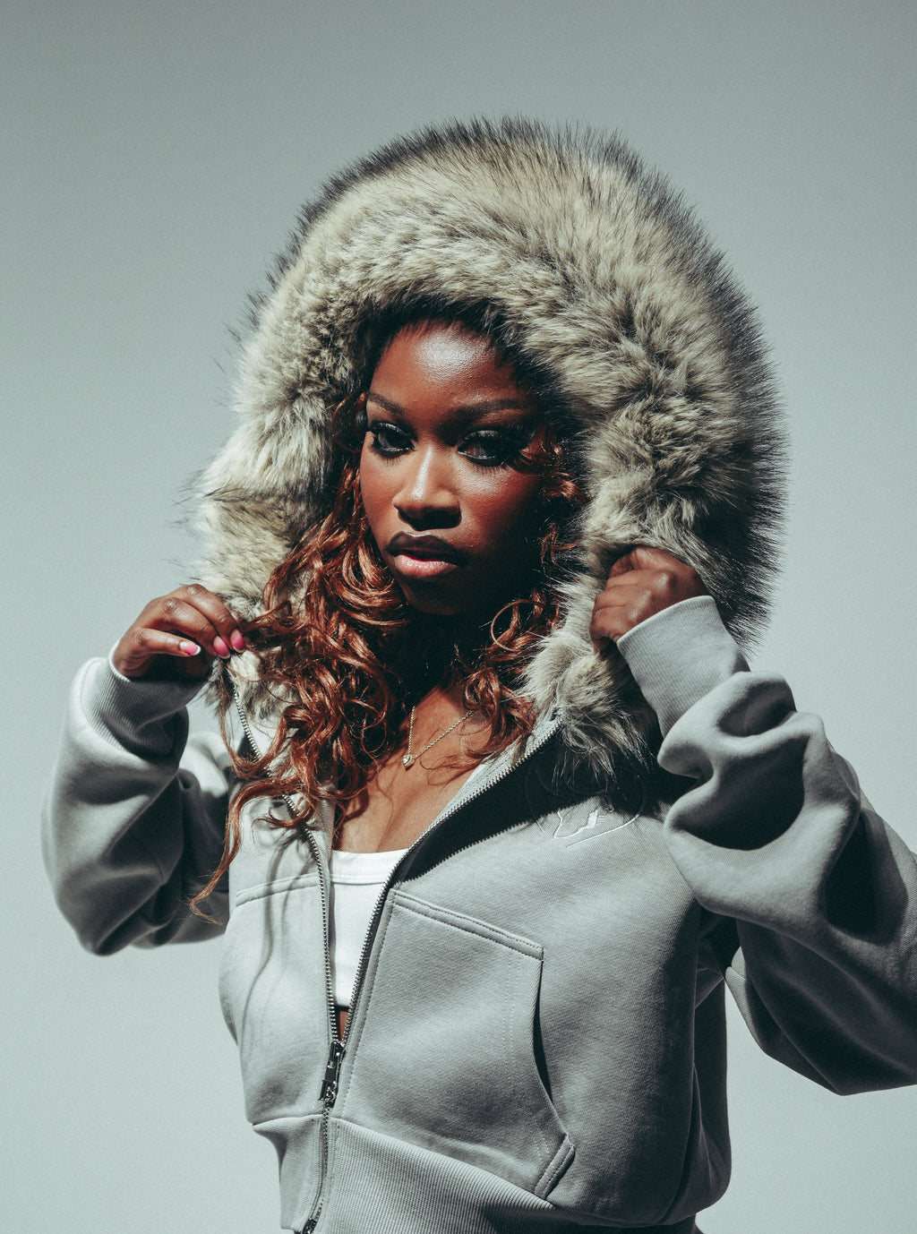 Women’s Cropped Faux Fur zip up Hoodie Grey
