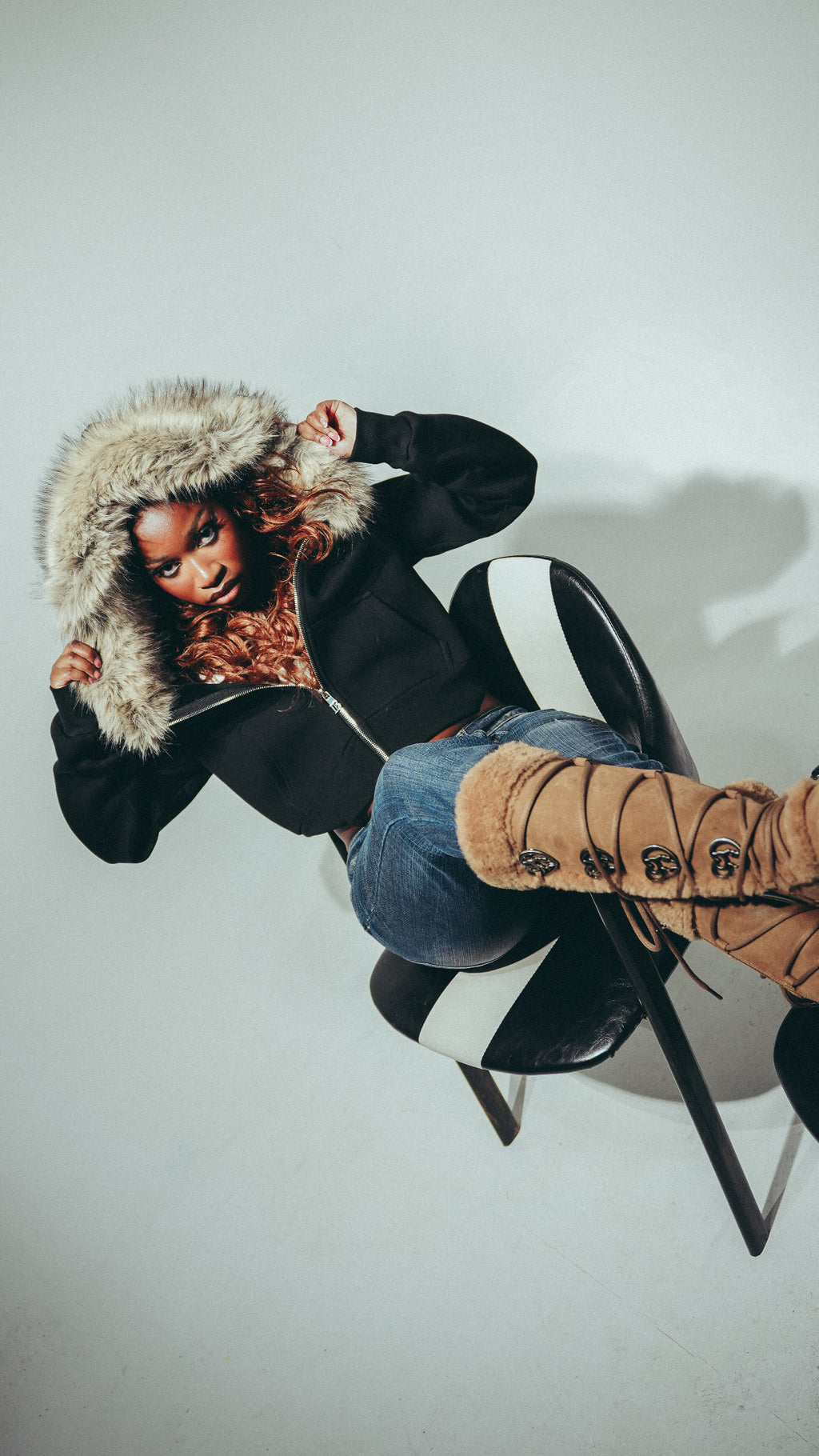 Women’s Cropped black Faux Fur Hoodie