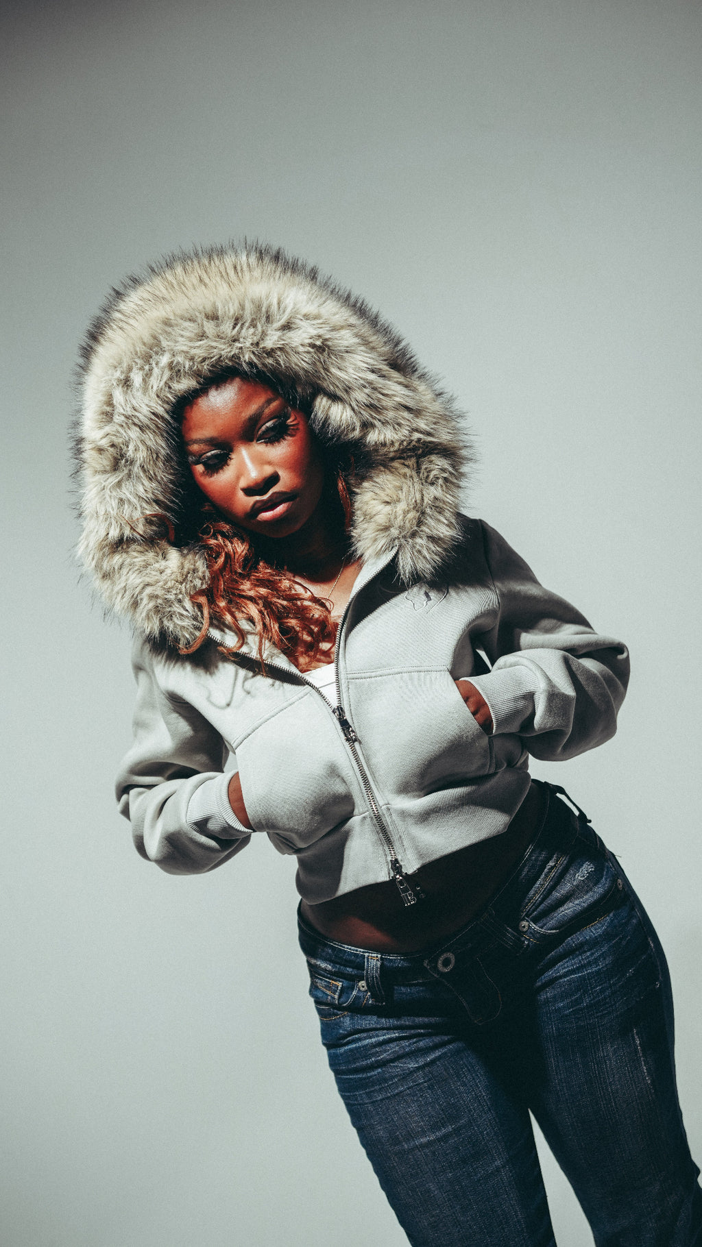 Women’s Cropped Faux Fur zip up Hoodie Grey