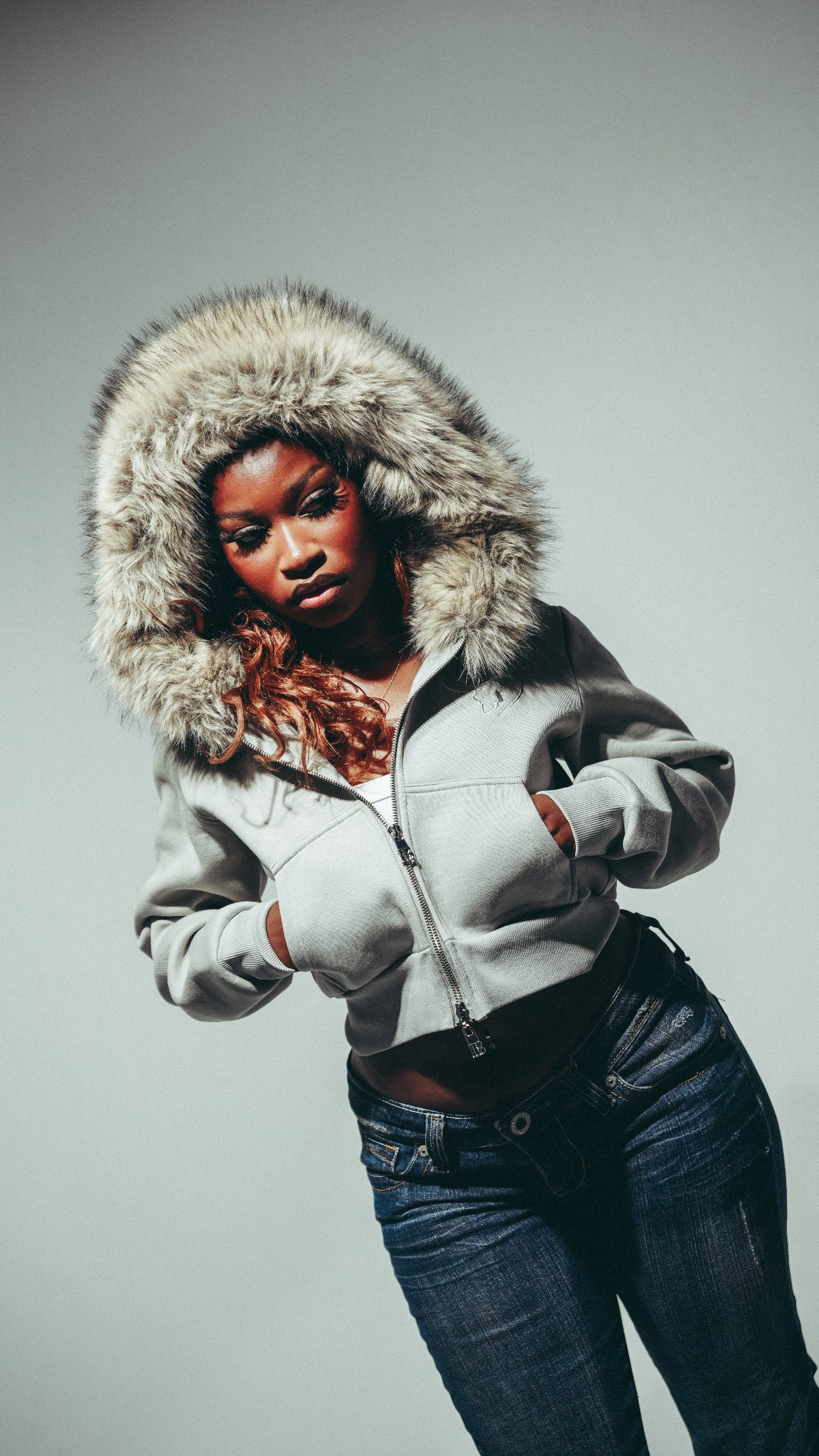 Women’s Cropped Faux Fur zip up Hoodie Grey