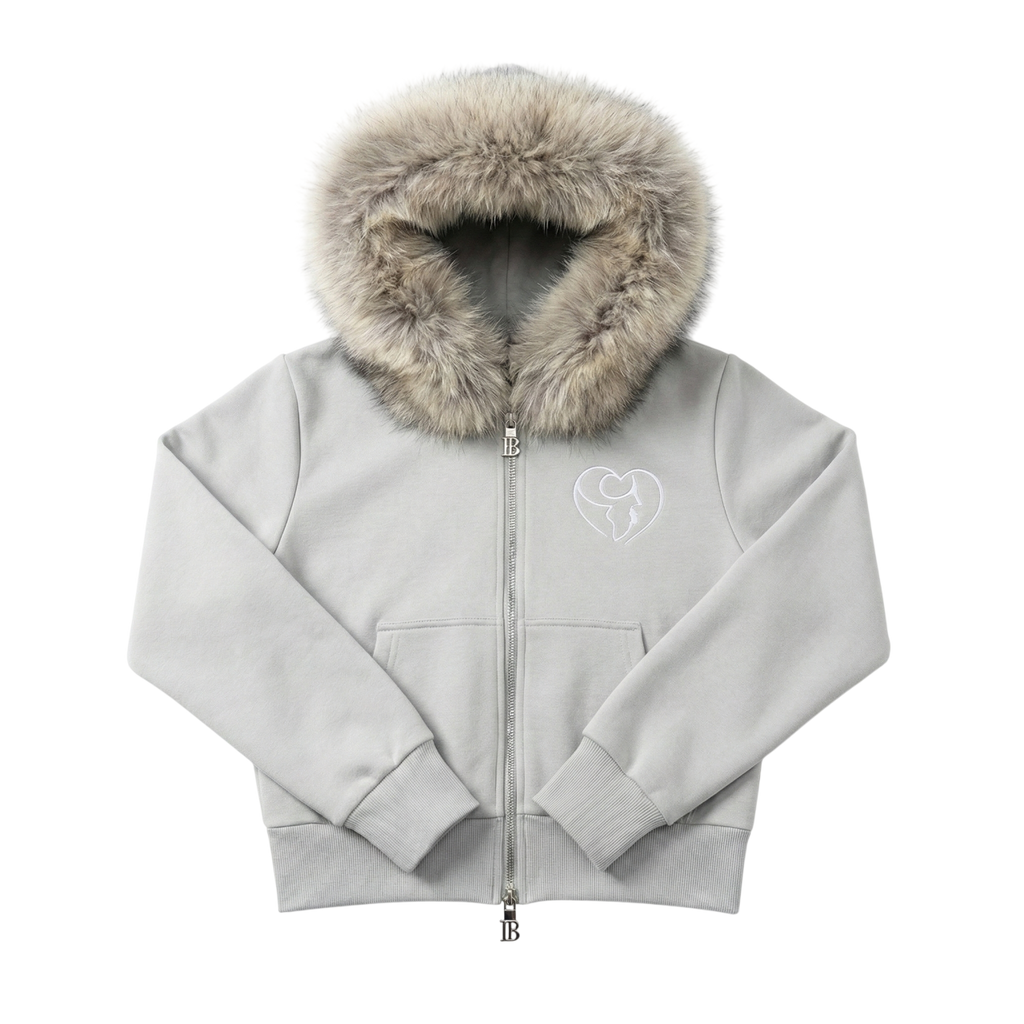 Women’s Cropped Faux Fur zip up Hoodie Grey